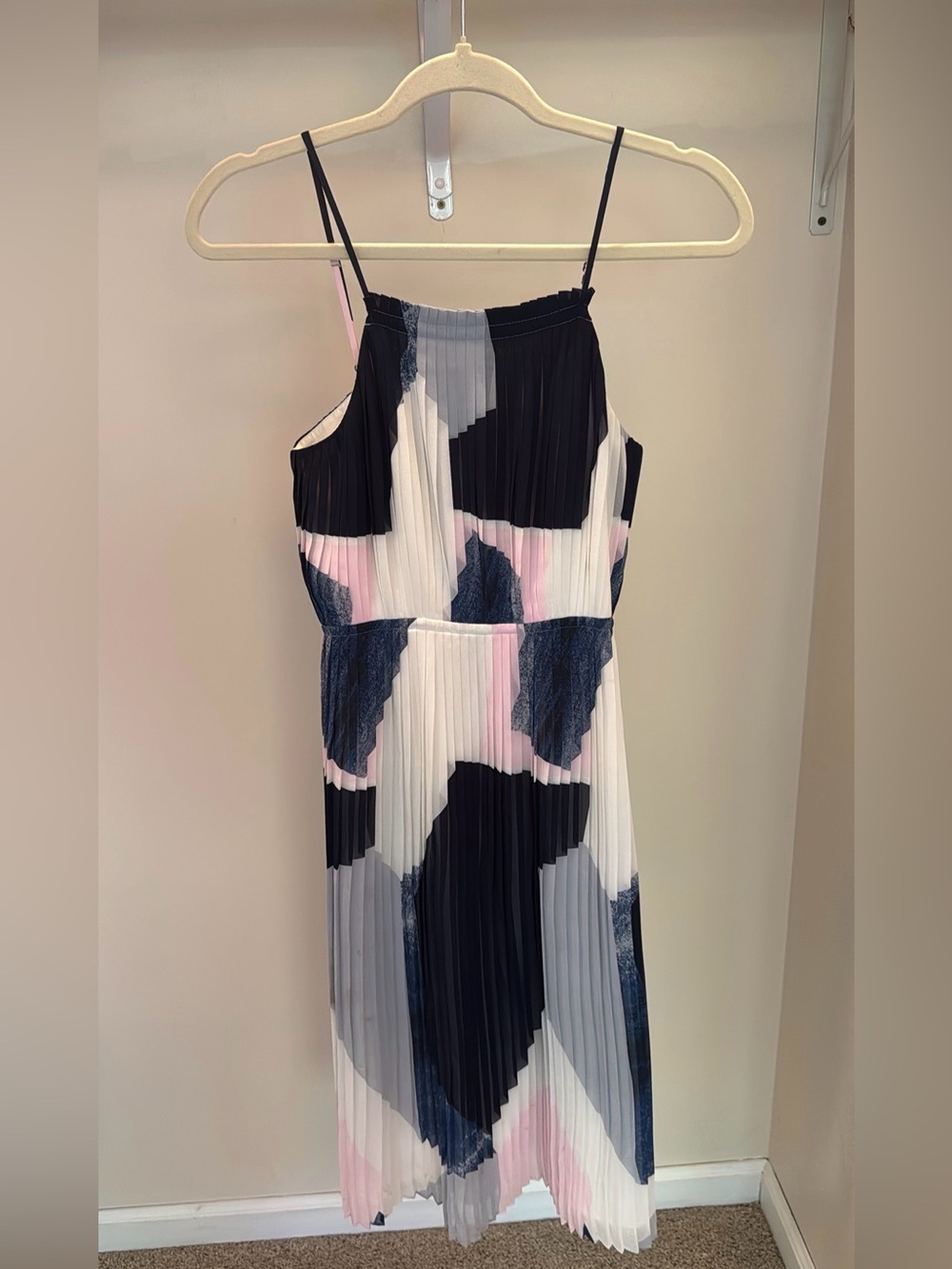 Banana Republic Pleated Colorblock Midi Dress Navy Pink Whit